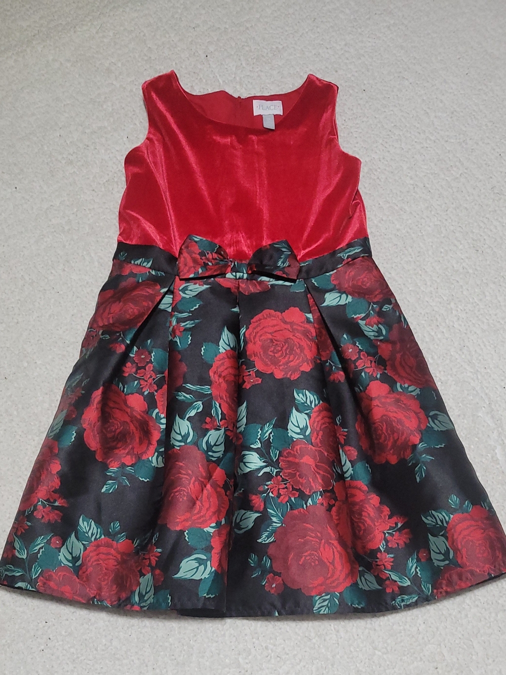 Place Red Velvet & Black Rose Print Bow-Front Holiday Dress